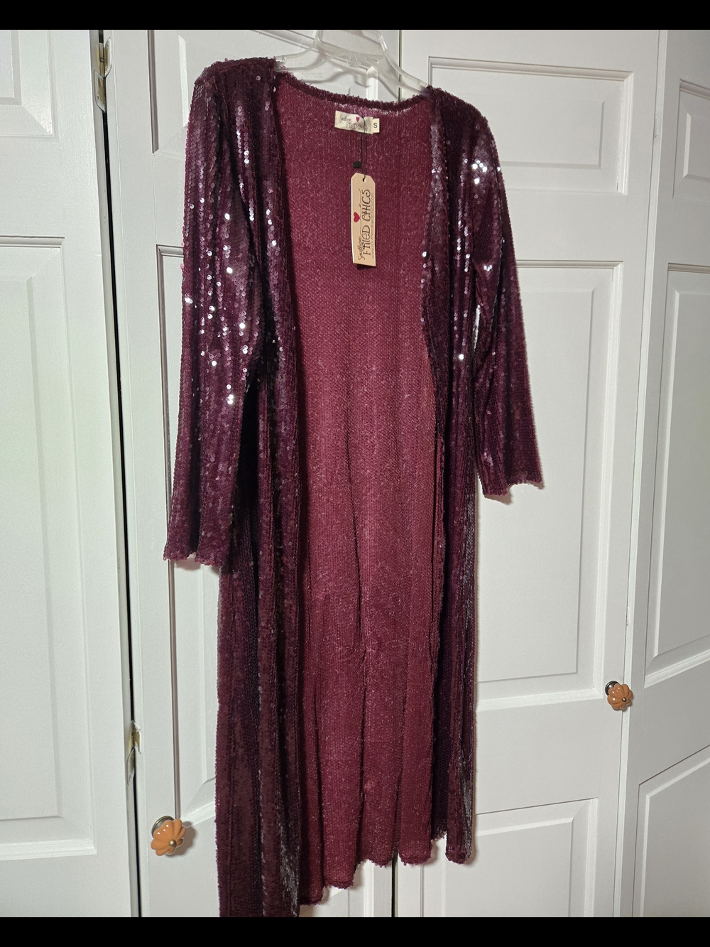 NWT Southern Fried Chics Long Royal Sequin Duster Cardigan - Deep Wine